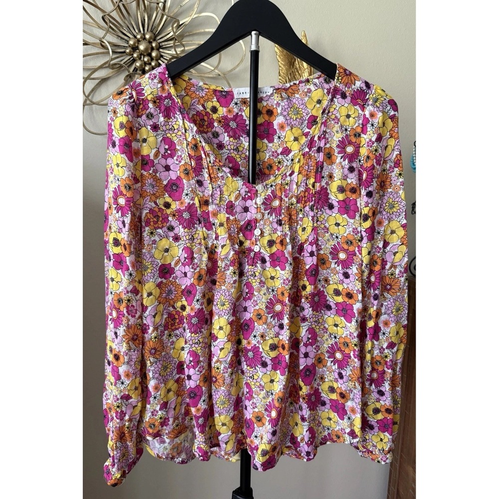 Jane Delancey Floral Boho Blouse Womens Medium Pink Yellow Rayon Top